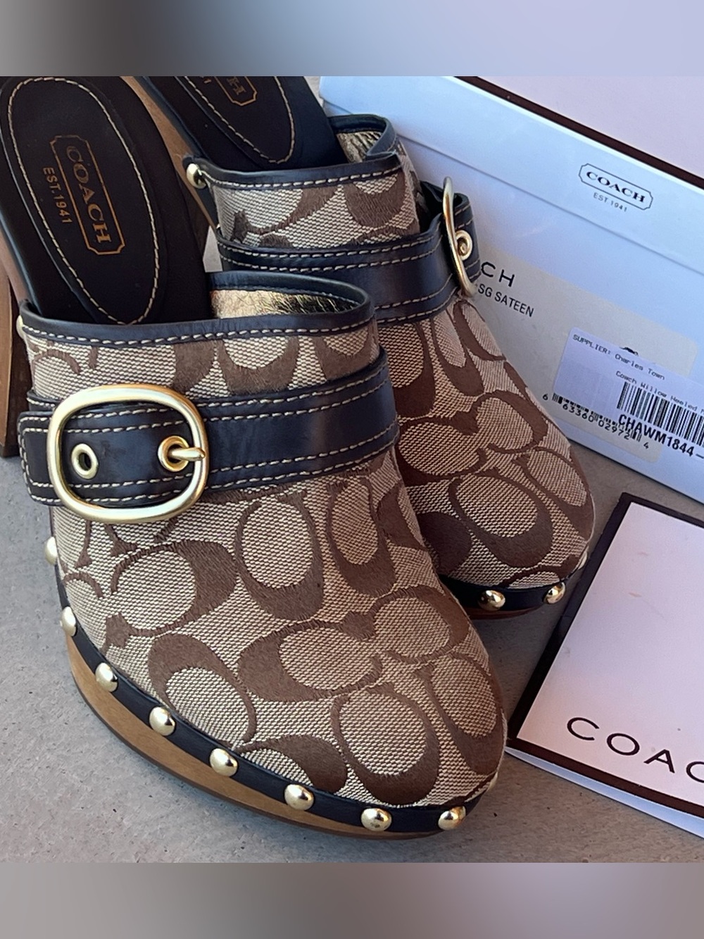 Coach Signature Clogs Mule Heels Brown Jacquard Wood Platform Buckle US 8 w/box